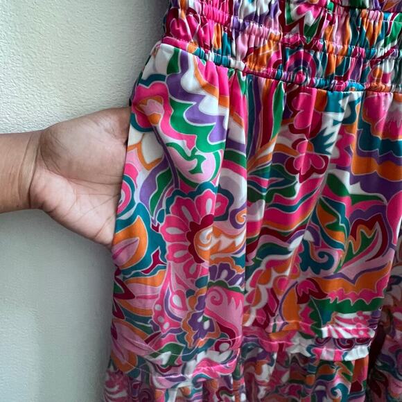 Nicole Miller Dress Womens L Pink Multi Satin Floral Abstract Pocket Ruffle Mini - Picture 6 of 10